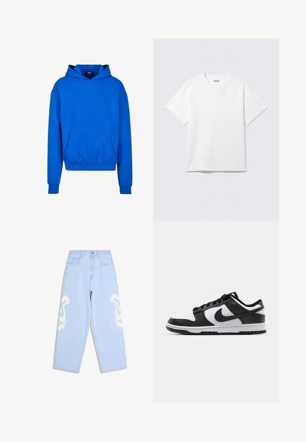 Sweat-shirt bleu à capuche avec une poche avant, des poignets et un ourlet côtelés. Fabriqué en tissu doux, il présente une coupe décontractée et n'affiche aucun logo visible.; T-shirt blanc à manches courtes et col rond, étalé à plat, design uni, avec l'étiquette "WEEKDAY" à l'intérieur du col sur un fond clair.; Jean denim bleu clair à jambes larges avec poches avant et motifs abstraits blancs sur les deux jambes.; Baskets Nike Dunk en noir et blanc avec une tige en cuir, un bout perforé, des lacets noirs et une semelle en caoutchouc noir avec un motif de semelle.