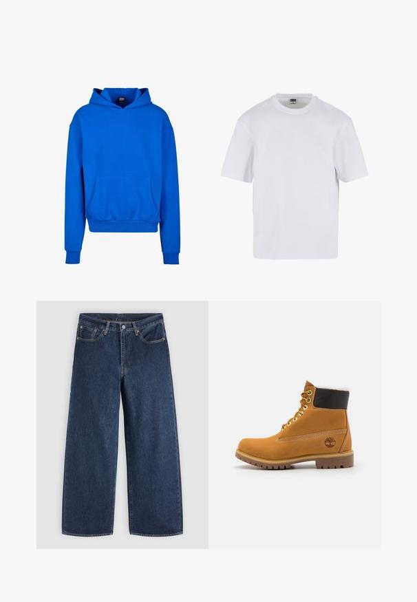 Blauwe capuchontrui met een voorzak, ribgebreide manchetten en onderrand. Gemaakt van zacht materiaal, met een ontspannen pasvorm en geen zichtbare logo's.; Witte kraagloze t-shirt met korte mouwen, gemaakt van katoen. Heeft een ronde halslijn en een losse pasvorm. Soepele textuur, minimalistisch ontwerp, geen patronen of accenten.; Donkerblauwe wijde denim jeans met voorzakken, knoopsluiting en riemlussen, plat gelegd op een lichte achtergrond.; Bruine leren enkellaars met metalen oogjes, witte faux bont voering, zwarte gewatteerde kraag, robuuste zool en een reliëflogo aan de zijkant.