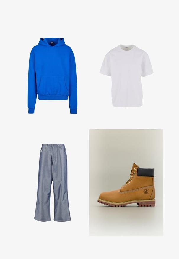 Blauwe capuchontrui met een voorzak, ribgebreide manchetten en onderrand. Gemaakt van zacht materiaal, met een ontspannen pasvorm en geen zichtbare logo's.; Witte T-shirt met korte mouwen van zacht katoen, met een ronde halslijn en een ontspannen pasvorm met rechte zoom. Geen patronen of accenten zichtbaar.; Lichtblauwe denimbroek met wijde pijpen, een hoge taille, steekzakken aan de voorkant en zichtbare stikdetails, voorzien van een knoop- en ritssluiting.; Bruine leren enkellaars met zwarte kraag, gele veters en een zandkleurige zool. Voorzien van een logo en witte stikseldetails. Robuuste loopzool met grip.