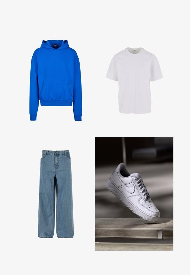 Blaue Kapuzenjacke mit einer Fronttasche, gerippten Bündchen und Saum. Gefertigt aus weichem Material, im lässigen Schnitt und ohne sichtbare Logos.; Weißes kurzärmeliges T-Shirt aus weicher Baumwolle, mit rundem Ausschnitt und lockerer Passform sowie geradem Saum. Keine Muster oder Akzente sichtbar.; Hellblaue, weit geschnittene Denim-Hosen. Mit einem Knopf- und Reißverschluss, fünf Taschen und einem gewaschenen Look für einen klassischen Stil.; Weißer Nike Air Force 1 Sneaker aus Leder mit perforierter Zehenpartie, flachen Schnürsenkeln und strukturierter Gummisohle mit "AIR"-Branding an der Seite.