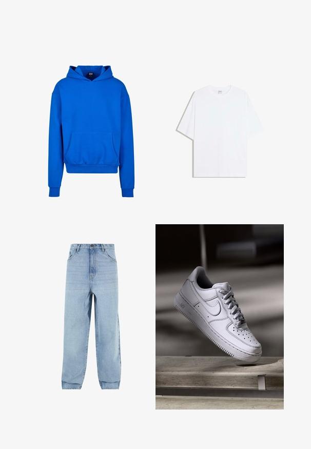 Blauwe capuchontrui met een voorzak, ribgebreide manchetten en onderrand. Gemaakt van zacht materiaal, met een ontspannen pasvorm en geen zichtbare logo's.; Wit oversized katoenen T-shirt met een ronde hals en korte mouwen; gladde textuur, zonder zichtbare patronen of accenten.; Lichtblauwe denim jeans met een losse pasvorm, hoge taille en vijf zakken. Voorzien van riemlussen en een knoopsluiting. Glad textuur.; Witte Nike Air Force 1 sneaker van leer met geperforeerde neus, platte veters en een gestructureerde rubberen zool met "AIR"-logo aan de zijkant.