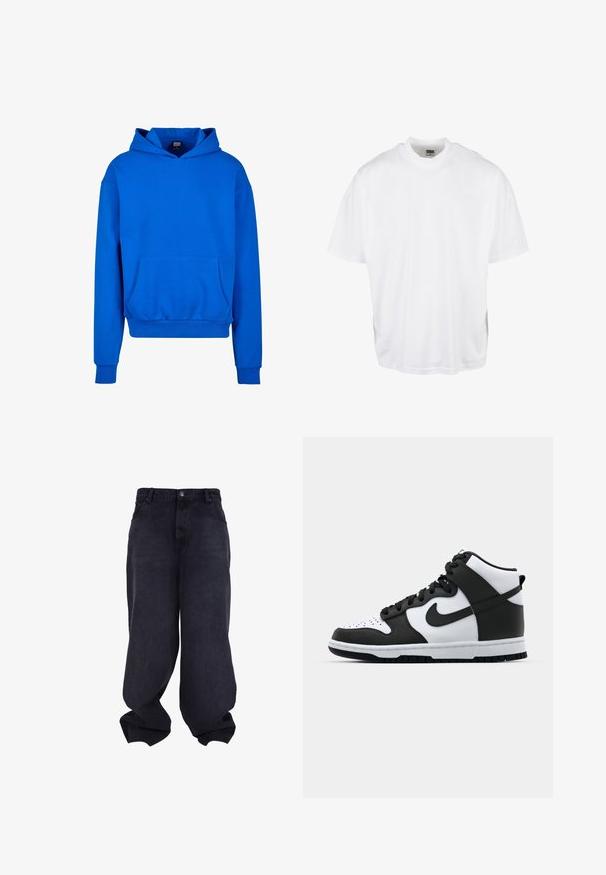 Blauwe capuchontrui met een voorzak, ribgebreide manchetten en onderrand. Gemaakt van zacht materiaal, met een ontspannen pasvorm en geen zichtbare logo's.; Witte katoenen t-shirt met een relaxte pasvorm, korte mouwen en een ronde halslijn, met een rechte zoom en geen zichtbare grafische afbeeldingen of patronen.; Zwarte oversized baggy jeans met knoop- en ritssluiting aan de voorkant, voorzakken en losse, brede pijpen.; Zwart-witte hoge sneakers met leren bovenwerk, geperforeerde neus, prominente swoosh-logo en een getextureerde rubberen zool.