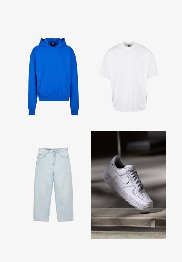 Blauwe capuchontrui met een voorzak, ribgebreide manchetten en onderrand. Gemaakt van zacht materiaal, met een ontspannen pasvorm en geen zichtbare logo's.; Witte katoenen t-shirt met een relaxte pasvorm, korte mouwen en een ronde halslijn, met een rechte zoom en geen zichtbare grafische afbeeldingen of patronen.; Lichtblauwe high-waist baggy jeans met voorzakken en knoopsluiting, getoond op een witte achtergrond.; Witte Nike Air Force 1 sneaker van leer met geperforeerde neus, platte veters en een gestructureerde rubberen zool met "AIR"-logo aan de zijkant.