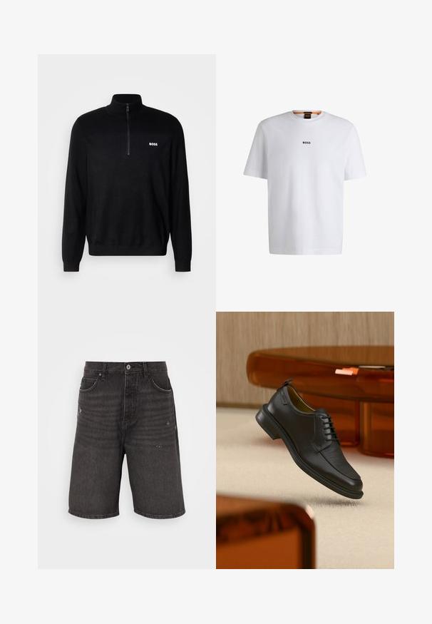 Pull-over noir avec un col zippé à mi-longueur, présentant une texture côtelée aux épaules et un petit logo blanc "BOSS" sur la poitrine.; T-shirt en coton blanc à manches courtes, avec un logo noir "BOSS" centré sur la poitrine et un design à col rond.; Shorts en denim noir avec une coupe décontractée, dotés de poches avant, d'une texture vieilli et d'une taille classique avec une fermeture à bouton unique.; Chaussure habillée noire en cuir à lacets avec devant texturé, flottant au-dessus d'un tapis beige dans une pièce moderne avec des meubles teintés d'ambre.