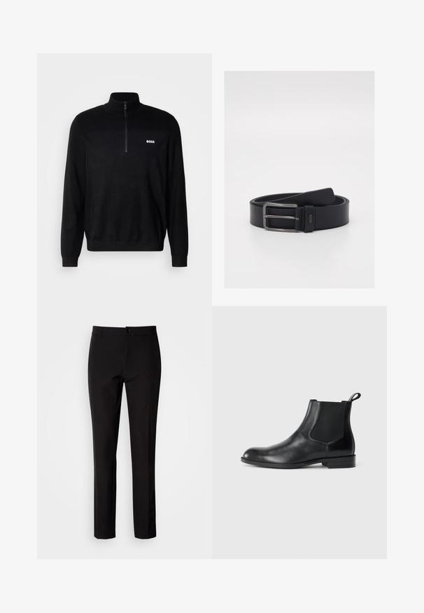 Pull-over noir avec un col zippé à mi-longueur, présentant une texture côtelée aux épaules et un petit logo blanc "BOSS" sur la poitrine.; Pantalon noir en tissu lisse, avec coupe droite, fermeture à boutons sur le devant et poches latérales discrètes. Look simple et ajusté.; Bottine en cuir noir avec des panneaux latéraux élastiques, bout rond et tirette. Texture lisse, semelle plate, design minimaliste.; Ceinture en cuir noir présentant un design épuré, une boucle en métal argenté et une texture lisse. Détail du logo près de la boucle.