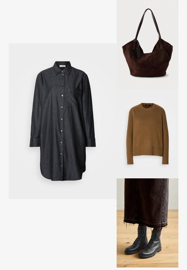 Brun strikket sweater med ribbet tekstur, rund halsudskæring og lange ærmer. Har kontrasterende ribbet detaljer langs skuldrene.; Mørk denim skjorte med knaplukning foran, spids krave, lange ærmer, enkelt brystlomme og buet nederste kant. Glat tekstur.; Sorte læder snørebåndstøvler med tekstureret overflade, midt på læggen, rundet tå og robust sål, parret med en mørk, frynset denimnederdel.; Brun ruskind taske med en blød, slouchy form. Har læderhåndtag og et tag-accent. Enkelt tekstur med buede sømme.