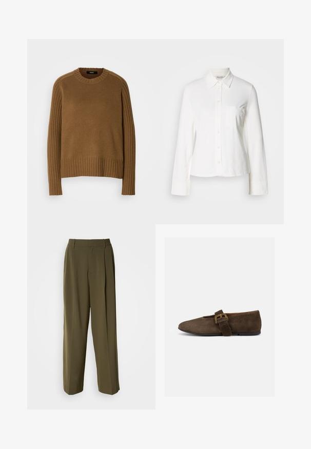 Pull en maille marron avec une texture côtelée, encolure ronde et manches longues. Présente des détails côtelés contrastants le long des épaules.; Chemise blanche à manches longues avec un col pointu, une poche poitrine à l'avant et des manches à poignets, affichée sur un fond uni.; Pantalons à jambes larges vert olive en tissu lisse, dotés d'une taille haute, de plis sur le devant et de poches latérales pour plus de fonctionnalité.; Chaussure plate en daim marron avec une large bride et une boucle dorée, bout arrondi et semelle noire basse, vue de profil sur fond blanc.