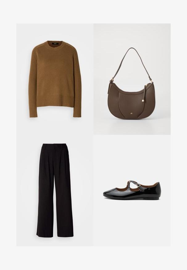 Pull en maille marron avec une texture côtelée, encolure ronde et manches longues. Présente des détails côtelés contrastants le long des épaules.; Pantalon large noir en tissu lisse, avec des plis à l'avant, une taille ajustée, et sans motifs ni accents visibles.; Chaussure plate Mary Jane en cuir verni noir avec deux découpes et une bride à boucle dorée sur fond blanc.; Sac à main en cuir brun avec une forme courbée, accentué par un petit détail en métal doré et une surface texturée, doté d'une fermeture éclair.