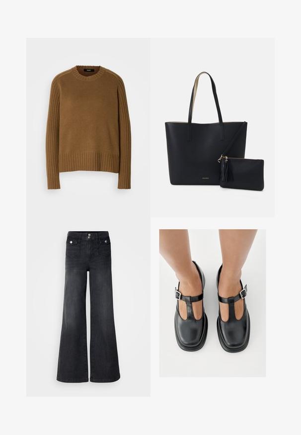 Brun strikket sweater med ribbet tekstur, rund halsudskæring og lange ærmer. Har kontrasterende ribbet detaljer langs skuldrene.; Sorte denim brede ben jeans med høj talje, forknapper og to forlommer; glat tekstur med en let falmet finish.; Sorte lædersko med T-rem-design, lukket tå og sølvfarvede spændeaccenter. Glat tekstur med rundet tå og flad sål.; Sort tote taske med struktureret materiale, to lange håndtag og en aftagelig lynlåspose med en frynse-detalje. Guld mærkelogo synligt.