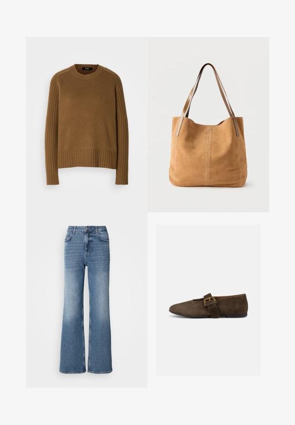 Brun strikket sweater med ribbet tekstur, rund halsudskæring og lange ærmer. Har kontrasterende ribbet detaljer langs skuldrene.; Mos Mosh MAI - Jeans Straight Leg - blue wash; Brun ruskind flad sko med bred rem og guldlås, rundet tå og lav sort sål, vist i sideprofil mod hvid baggrund.; Beige ruskindtaske med lange lysebrune læderstropper, blød tekstur og enkel syning på en ensfarvet hvid baggrund.