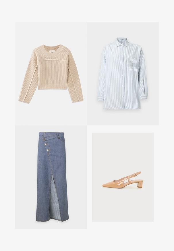 Beige, ribbet strikket cropped sweater med lange ærmer, en rund halsudskæring og dekorativ syning langs ærmesømmene.; Skjorte med knapper i lyseblå og hvide lodrette striber, lange ærmer, brystlomme, fremstillet af glat stof og med en klassisk krave.; Baum und Pferdgarten SIGGE - Denimnederdele - blue denim; Blank beige slingback sko med lav blokhæl, spids tå og justerbar sidebærespænde på ensfarvet baggrund.