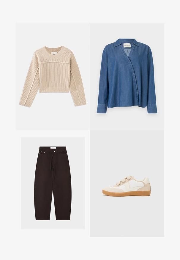Beige, ribbet strikket cropped sweater med lange ærmer, en rund halsudskæring og dekorativ syning langs ærmesømmene.; Blå denimskjorte med lange ærmer, foldet krave og omslagsfront, mærket "CLOSED" inde ved halsudskæringen.; Sorte bukser med vide ben, frontknap, bæltestropper, snøre i taljen og forlommer, vist på ensfarvet baggrund.; Sneakers i hvid og beige læder med nubuck-detaljer, der har en rund tå, tre velcrobånd og en gummisål.