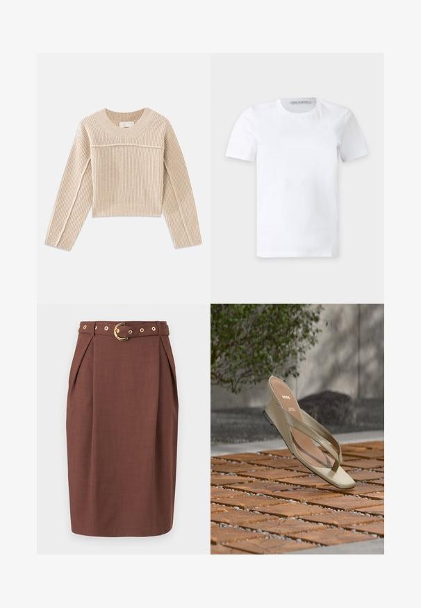 Beige, ribbet strikket cropped sweater med lange ærmer, en rund halsudskæring og dekorativ syning langs ærmesømmene.; Enkelt hvid t-shirt med korte ærmer og rund hals med et lille mærke inden i kraven med teksten "Tiger of Sweden."; Brun knælængde nederdel med høj talje, plisseringer nær hofterne og et matchende bælte med en guldfarvet rund spænde.; Beige læder tåsandal med BOSS-logo på indersålen, svævende over en terrasse med trælameller og små sten imellem.