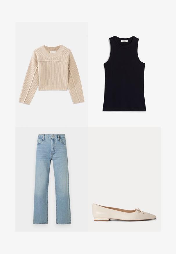 Beige, ribbet strikket cropped sweater med lange ærmer, en rund halsudskæring og dekorativ syning langs ærmesømmene.; Sort ærmeløs top med ribbet tekstur, rund halsudskæring og regulær pasform. Mærket viser "IVY OAK." Ingen yderligere mønstre eller accenter.; Lyseblå jeans med høj talje og lige ben, med frontknap og lynlåslukning, for- og baglommer, vist på ensfarvet baggrund.; Beige læder flad sko med en lille hæl og en bundet sløjfe på den spidse tå, vist i sideprofil på hvid baggrund.
