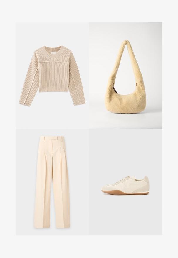 Beige, geribbelde gebreide cropped trui met lange mouwen, een ronde halslijn en decoratieve stiksels langs de mouwnaden.; Beige, hooggetailleerde, op maat gemaakte broek met plooien, riemlussen en brede pijpen, plat neergelegd op een lichte achtergrond.; Lichtbeige sneakers met een textuur van leer op het bovenwerk, getextureerde zijpanelen en een rubberen zool. Voorzien van een slank, gestroomlijnd ontwerp en platte veters.; Beige schapenleren schoudertas met een gebogen handvat en een afgeronde vorm. De textuur is zacht en plush, met minimale hardwareaccenten.