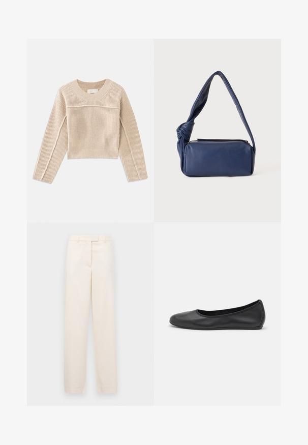 Beige, geribbelde gebreide cropped trui met lange mouwen, een ronde halslijn en decoratieve stiksels langs de mouwnaden.; Beige broek met een rechte pijp, gemaakt van een gladde stof. Voorzien van een tailleband met riemlussen en een ritssluiting aan de voorkant.; Zwarte leren ballerina met een ronde neus, gladde textuur, minimale stikdetails en een flexibele zoolontwerp.; Donkerblauwe rechthoekige leren schoudertas met een zachte, geknoopte band en ritssluiting aan de bovenkant, getoond tegen een effen achtergrond.
