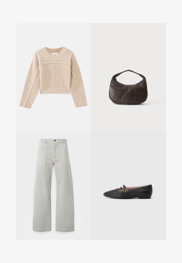 Beige, geribbelde gebreide cropped trui met lange mouwen, een ronde halslijn en decoratieve stiksels langs de mouwnaden.; Lichtgrijze broek met wijde pijpen, voorste opgestikte zakken, riemlussen en een knoopsluiting in de taille, plat weergegeven op een witte achtergrond.; Zwarte leren platte schoenen met een spitse neus, voorzien van twee zwarte banden met gouden accenten. Soepele textuur en lage hak.; Kleine donkerbruine gestructureerde handtas met korte band en afgeronde onderkant op een effen lichte achtergrond.