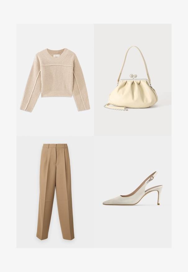 Beige, ribbet strikket cropped sweater med lange ærmer, en rund halsudskæring og dekorativ syning langs ærmesømmene.; Beige skræddersyede bukser med høj talje, plisseret front og bred benudskæring. Stoffet ser glat ud med en let glans.; Hvid læder slingback højhælet sko med spids tå og spænderem på ensfarvet baggrund.; Cremefarvet blødt læder håndtaske med indsamlet design, sølvramme-lukkemekanisme, kort hank og aftagelig kæderem.