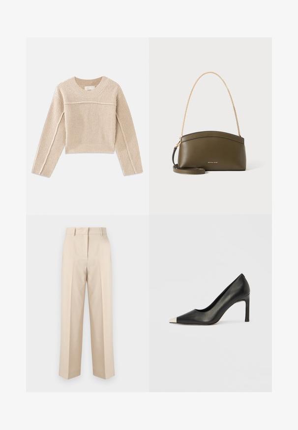 Beige, geribbelde gebreide cropped trui met lange mouwen, een ronde halslijn en decoratieve stiksels langs de mouwnaden.; Beige, op maat gemaakte broek met hoge taille, riemlussen en rechte pijpen, afgebeeld tegen een effen witte achtergrond.; Zwarte leren hoge hak met een spits toelopende neus en een metalen zilverkleurige kap. Heeft een gladde afwerking en een slanke hak van 10 cm.; Olijfgroene Michael Kors-handtas met gouden kettingschouderband, gebogen bovenkant en klein goud logo aan de voorkant, getoond tegen een witte achtergrond.
