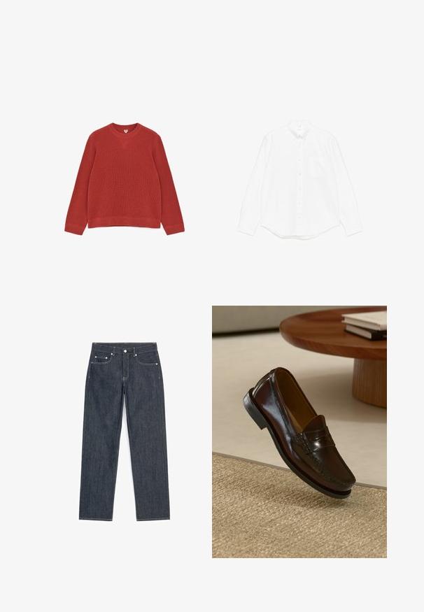 Pull en maille côtelée à manches longues de couleur rouille, avec col rond et détail de couture en forme de V au niveau du col avant.; Chemise blanche à manches longues en coton. Dotée d'un col classique, d'une poche frontale et d'une base arrondie. Texture lisse, sans motifs.; Jean droit bleu foncé avec cinq poches, coutures blanches visibles, et fermeture par bouton et zip.; Mocassins en cuir marron au fini brillant, avec un détail cousu sur le devant et une semelle en caoutchouc noir à profil bas.