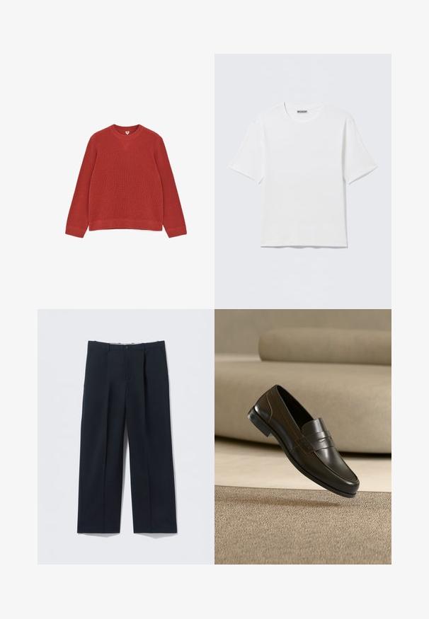 Pull en maille côtelée à manches longues de couleur rouille, avec col rond et détail de couture en forme de V au niveau du col avant.; T-shirt blanc uni à manches courtes et col rond, avec une petite étiquette "WEEKDAY" à l'intérieur du col arrière, présenté à plat.; Pantalon bleu marine foncé en tissu lisse, avec une coupe ajustée, deux poches avant et une fermeture par bouton.; Mocassin en cuir noir avec un design épuré et une bride décorative, présenté au-dessus d'un tapis beige texturé et d'un fond de canapé neutre.