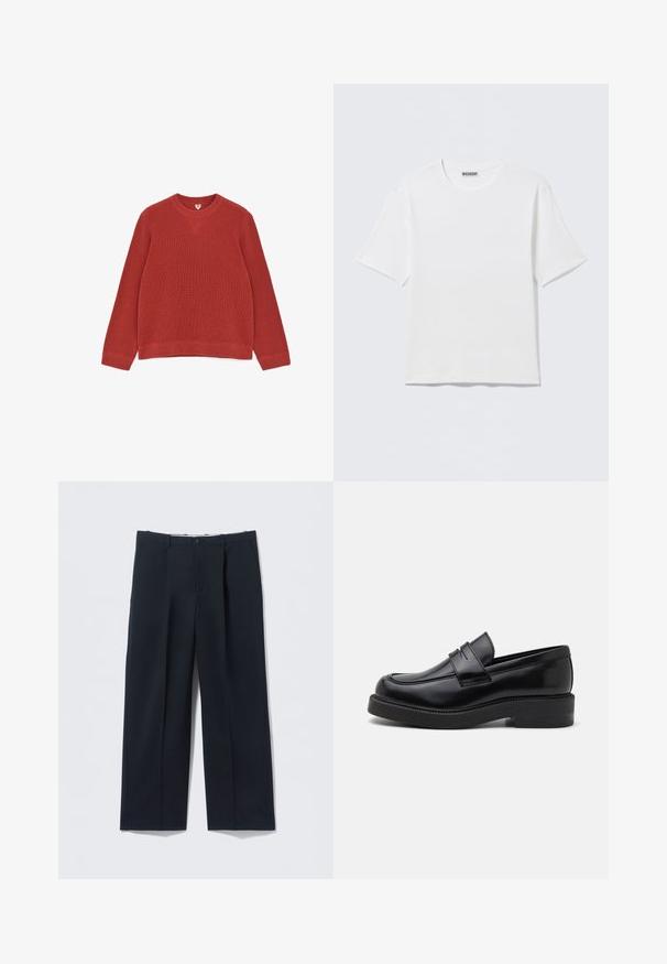 Pull en maille côtelée à manches longues de couleur rouille, avec col rond et détail de couture en forme de V au niveau du col avant.; T-shirt blanc uni à manches courtes et col rond, avec une petite étiquette "WEEKDAY" à l'intérieur du col arrière, présenté à plat.; Pantalon bleu marine foncé en tissu lisse, avec une coupe ajustée, deux poches avant et une fermeture par bouton.; Mocassin en cuir noir avec un bout arrondi, des coutures décoratives à l'avant et une semelle en caoutchouc épaisse. Texture lisse avec une finition brillante.