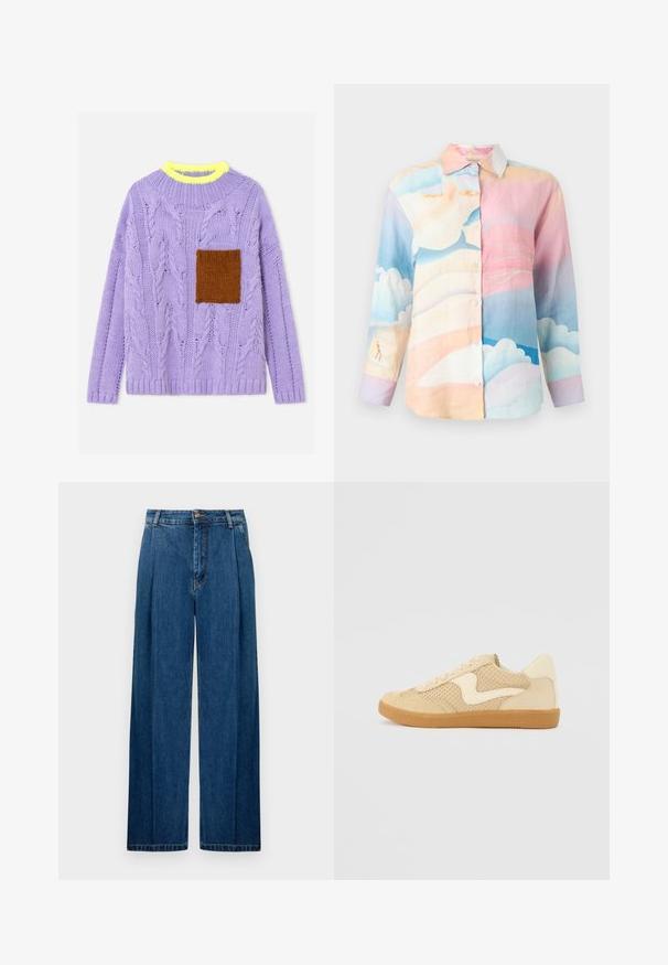 Pull en maille torsadée lavande avec un col côtelé jaune fluo et une poche en tricot marron sur la poitrine gauche.; Chemise boutonnée avec motif pastel ciel et nuages dans des tons rose, bleu et beige, dotée d'un col classique et de manches longues.; Pantalons en denim à jambes larges de couleur bleu foncé, avec des plis frontaux, une fermeture à bouton et des coutures classiques le long des coutures. Texture lisse tout au long.; Sneaker beige avec des matériaux en daim et en maille, forme arrondie, col rembourré proéminent et semelle en caoutchouc gomme. Présente un accent de design en forme de vague.