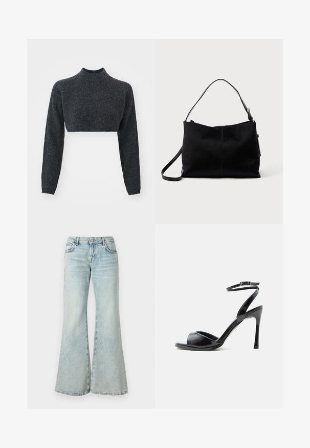 Pull col roulé court en gris foncé, doté de manches longues et d'un tissu tricoté texturé. Le design est ajusté et minimaliste, sans matériel visible.; Jeans évasés bleu clair en denim, avec une taille haute, des poches et des ourlets effilochés. Le tissu présente un délavage usé et une texture subtile.; Sandale noire à talon haut avec bout ouvert, talon stiletto fin et bride de cheville avec boucle sur fond blanc.; Sac à bandoulière noir avec une surface lisse et texturée, doté d'une seule sangle et d'une fermeture éclair en haut. Forme rectangulaire compacte.