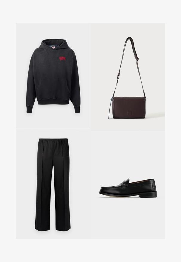 Zwarte hoodie met een zak aan de voorkant, voorzien van een rode geborduurde logo op de bovenste linkerzijde. Zacht materiaal en een verstelbare capuchon.; Les Benjamins Broek - black; Zwarte leren herenloafer met een lage hak en mocassinstiksels op de teen, zijaanzicht op een effen achtergrond.; Donkerbruine gestructureerde leren crossbodytas met verstelbare riem en klein decoratief blauw accent aan de zijkant.