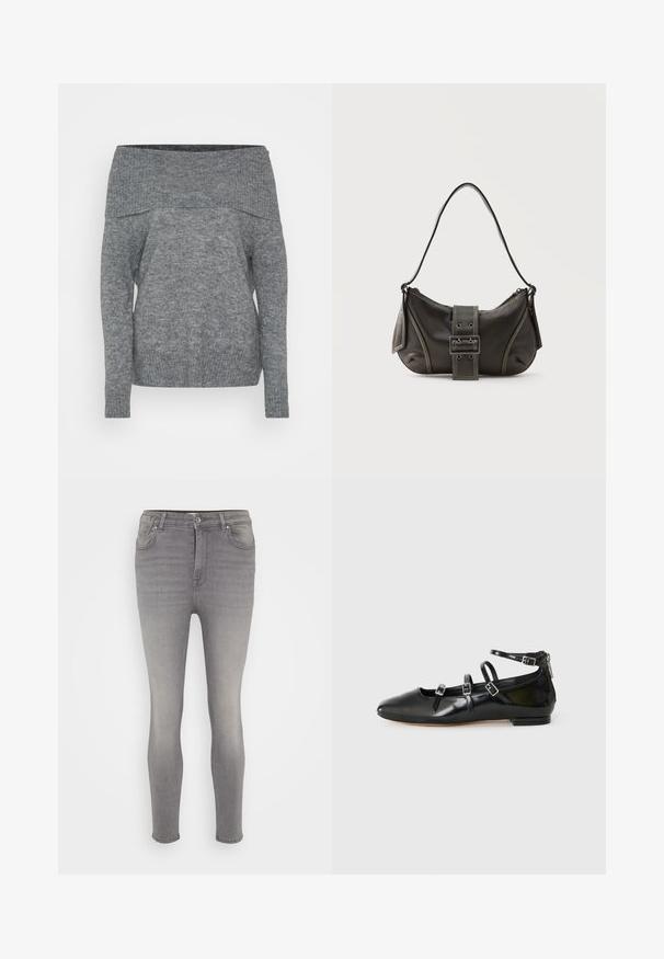 Pull gris à épaule dénudée avec des manches longues, texture côtelée et coupe décontractée. Conçu en matériau tricoté doux.; Jean en denim gris à coupe slim, avec une fermeture à bouton, cinq poches et un léger délavage le long des jambes. Texture lisse, sans motifs.; ALDO NELTA - Ballerines - black; Sac à épaule en cuir noir avec une sangle à boucle, des bords arrondis et des coutures blanches contrastées sur un fond uni.