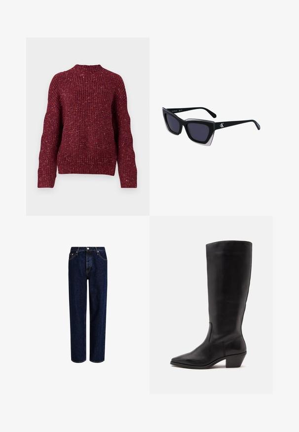 Strickpullover in tiefem Burgunderrot, mit hohem Kragen, langen Ärmeln und einer strukturierten, gerippten Oberfläche. Grobes Design mit lockerer Passform.; Dunkelblaue Denim-Jeans mit geradem Bein, hoher Taille, fünf Taschen und kontrastierenden Nähten. Ohne Verzierungen.; Schwarzer Lederstiefel bis zur Wade mit spitzer Spitze und niedrigem schrägem Absatz vor einfachem hellem Hintergrund.; Schwarze übergroße Sonnenbrille mit geometrischer Form, ausgestattet mit dunklen Gläsern und einem kontrastierenden grauen Detail im Rahmen. Logo am Bügel.