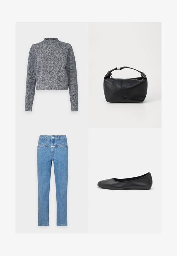 Námořnický a bílý pletený svetr s vysokým límcem, dlouhými rukávy a krátkým střihem; má texturovaný, tečkovaný design.; Svetlomodré denimové džínsy s rovnými nohavicami, piatimi vreckami a zapínaním na gombík. Majú mierne vyblednutú textúru a minimalizované šitie.; Čierne kožené baleríny s okrúhlou špičkou, hladkým povrchom, minimálnym prešívaním a flexibilným dizajnom podrážky.; Čierna kožená taška s zaobleným tvarom, vybavená krátkym uchom a zipsovým uzáverom. Logo vyrazené na prednej strane. Hladká textúra.