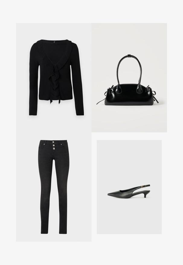 Cardigan noir à manches longues avec un col en V profond, un bord froncé le long de l'encolure et du devant, et un détail noué au centre de la fermeture frontale.; Jean skinny noir en denim, doté d'une taille haute avec trois boutons argentés et un design classique à cinq poches.; Chaussure slingback noire à bout pointu en cuir lisse. Présente un talon fin et un détail de boucle sur la sangle réglable.; Petit sac à main noir brillant avec deux longues anses et des détails à cordon sur les côtés sur un fond clair uni.