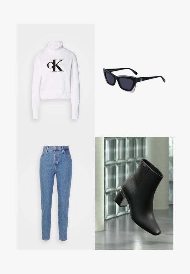 Witte coltrui van gebreide stof. Heeft een cropped ontwerp, ribbelmanchetten en -zoom, met een zwart "CK" logo aan de voorkant.; Blauwe high-waisted straight-leg jeans met een knoop en rits aan de voorkant, riemlussen en zakken, weergegeven op een effen witte achtergrond.; Zwarte leren enkellaars met blokhak, DKNY-logo nabij de bovenkant, getoond tegen een glazen blokmuur en gepolijste betonvloer.; Zwarte oversized zonnebril met een geometrische vorm, voorzien van donkere glazen en een contrasterend grijs detail op het montuur. Logo op de arm.