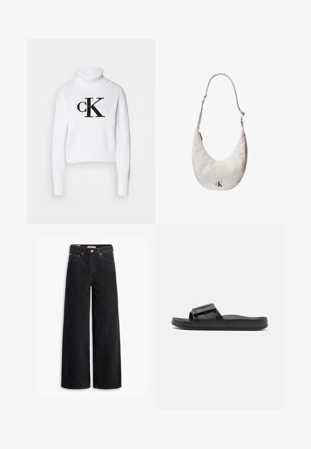 Witte coltrui van gebreide stof. Heeft een cropped ontwerp, ribbelmanchetten en -zoom, met een zwart "CK" logo aan de voorkant.; Zwarte brede jeans gemaakt van denim, met vijf zakken, koperen klinknagels en een klassieke knoopsluiting. Glad van textuur met een strakke uitstraling.; Zwarte slidesandaal met een brede band, verstelbare gesp, platte zool en een gladde matte textuur. Eenvoudig ontwerp zonder extra patronen.; Witte leren schoudertas in de vorm van een halve maan met verstelbare riem, ritssluiting en zwart Calvin Klein-logo aan de voorkant.