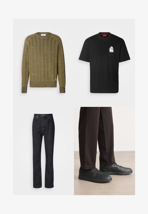 Grüner und gelber Fischgrät-Strickpullover mit geripptem Rundhals- und Bündchen, der ein strukturiertes gewebtes Muster hat.; HUGO DICATIKO - T-Shirt print - black; Hochtaillierte schwarze Jeans aus Denim mit Knopf- und Reißverschluss, Vorder- und Hintertaschen sowie einer geraden Passform.; Schwarze Sneakers mit einer glatten, lederähnlichen Textur, runder Zehenpartie und Schnürdesign. Kombiniert mit dunklen, locker sitzenden Hosen. Flache Gummisohle.