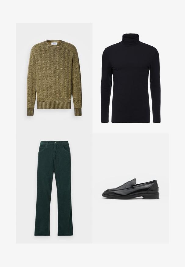 Grüner und gelber Fischgrät-Strickpullover mit geripptem Rundhals- und Bündchen, der ein strukturiertes gewebtes Muster hat.; Schwarzes Langarm-Turtleneck-Shirt aus weichem, dehnbaren Stoff. Verfügt über ein tailliertes Design und eine glatte Textur. Keine sichtbaren Muster oder Akzente.; Dunkelgrüne Cordhosen mit geradem Beinschnitt, ausgestattet mit zwei Vorderaschen, einem Knopfverschluss und einem strukturierten Rippmuster.; Schwarze Lederloafers mit glatter Oberfläche, runder Spitze und schmalem Riemen über dem Obermaterial. Niedriger, gestapelter Absatz.