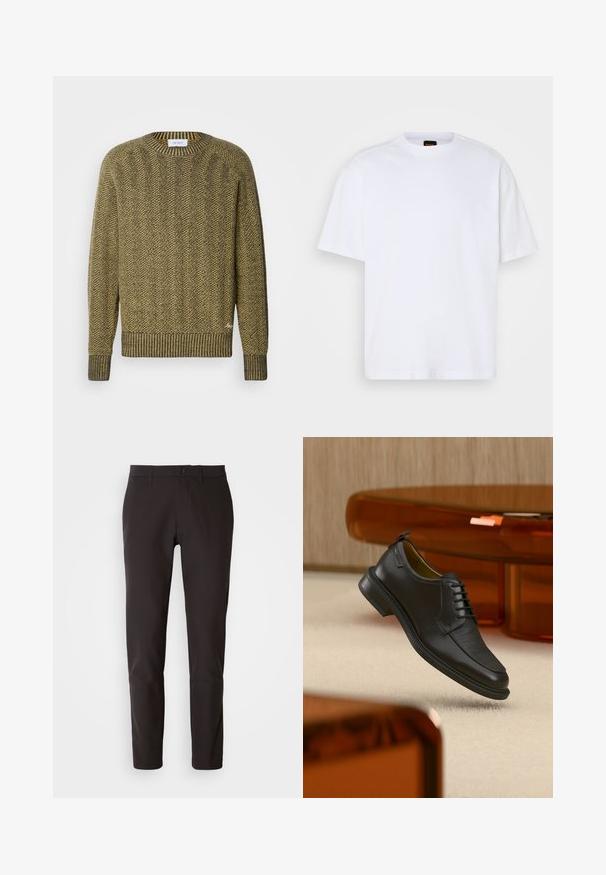 Suéter de punto en espiga verde y amarillo con cuello y puños de canalé, que presenta un patrón texturizado tejido en toda su extensión.; Camiseta de algodón blanca con cuello redondo, mangas cortas y un corte relajado. Presenta costuras de hombro texturizadas para un detalle adicional.; Pantalones negros de tela suave, con corte recto, cinturilla estándar con cierre de botón y sin bolsillos o patrones visibles.; Zapato de vestir negro de piel con cordones y parte delantera texturizada, flotando sobre una alfombra beige en una habitación moderna con muebles de tono ámbar.