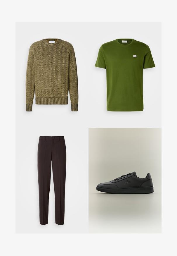 Grüner und gelber Fischgrät-Strickpullover mit geripptem Rundhals- und Bündchen, der ein strukturiertes gewebtes Muster hat.; Olivegrünes Baumwoll-T-Shirt mit Rundhalsausschnitt und kurzen Ärmeln. Mit einem kleinen, rechteckigen Calvin Klein-Logo auf der Brust.; Schwarze maßgeschneiderte Hose mit gerader Beinführung, aus glattem Material mit einem Bund und einem einzelnen Knopfverschluss.; Schwarze Sneakers aus glattem synthetischem Material, mit einem low-top Design, runder Zehenpartie, Schnürung an der Vorderseite, geprägtem Logo und strukturiertem Sohlen.