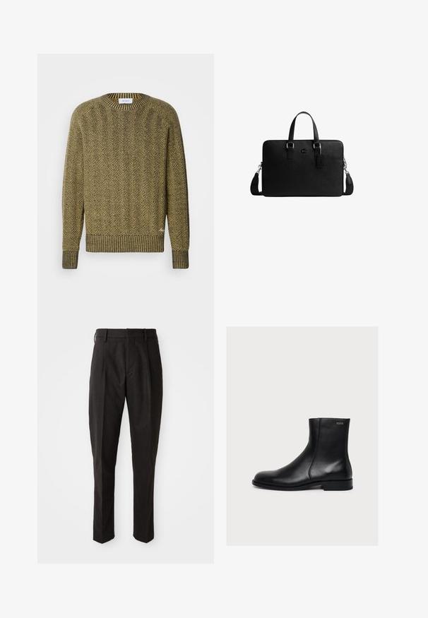 Grüner und gelber Fischgrät-Strickpullover mit geripptem Rundhals- und Bündchen, der ein strukturiertes gewebtes Muster hat.; Schwarze Wollmischungshose mit geradem Schnitt, flachem Vorderteil, zwei seitlichen Taschen und glatter Textur.; Schwarzer, glatter Lederknöchelstiefel mit niedrigem Absatz und seitlichem Reißverschluss, mit Hugo nahe dem oberen Rand beschriftet.; Schwarze Lederaktentasche mit zwei Griffen, abnehmbarem Schultergurt und einem kleinen hängenden Anhänger auf weißem Hintergrund.