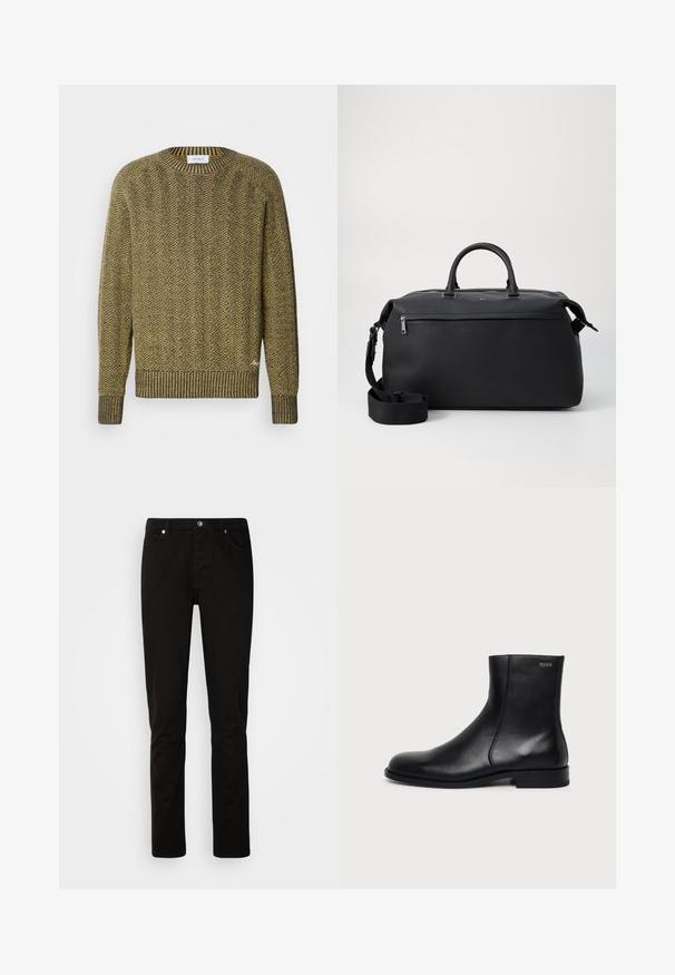 Grøn og gul herringbone striktrøje med ribbet rund hals og manchetter, der har et struktureret vævet mønster over hele trøjen.; Sorte denimbukser med slim fit, der har lynlås og fem-pocket design. Glat tekstur og solid syning.; Sort læderankelstøvle med lav hæl, sidelås og lille "HUGO"-logo nær toppen på en ensfarvet lys baggrund.; Sort læder duffel taske med to top hanke, en aftagelig skulderrem og en lynlåslomme foran til ekstra opbevaring.
