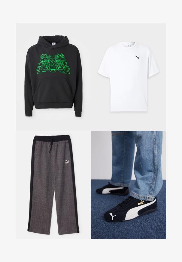Sort hoodie med et grønt grafikdesign, der har styliserede katte og en smilende mund; inkluderer en front kangaroo-lomme og ribbede manchetter.; Hvid t-shirt med korte ærmer og rund hals med en lille sort Puma-logo på venstre bryst mod en lys baggrund.; Puma RELAXED TRACK PANTS - Træningsbukser - black/alpine snow; Sorte ruskinds sneakers med hvide detaljer og et guldlogo. Båret med lyseblå denimjeans og sat på en struktureret blå overflade.