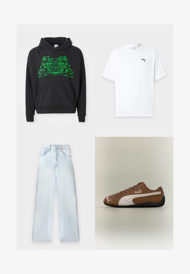 Schwarzer Hoodie mit grünem Grafikdesign, das stilisierte Katzen und einen lächelnden Mund zeigt; enthält eine Front-Kängurutasche und gerippte Bündchen.; Weißes T-Shirt mit kurzen Ärmeln und Rundhalsausschnitt mit kleinem schwarzem Puma-Logo auf der linken Brust vor hellem Hintergrund.; Helle blaue Jeanshose mit lockerer Passform, hoher Taille, Fünf-Taschen-Design und geraden Beinen. Ausgewaschene Textur mit sichtbaren Nähdetails.; Brauner Wildleder-Sneaker mit weißen Akzenten und strukturiertem Design. Mit einer schwarzen Gummisohle und einem auffälligen Puma-Logo an der Seite.