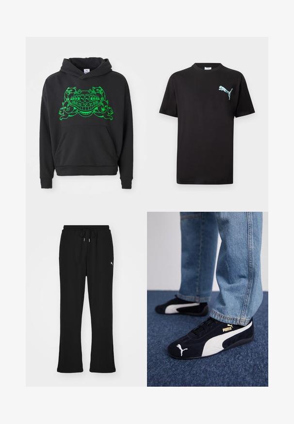 Schwarzer Hoodie mit grünem Grafikdesign, das stilisierte Katzen und einen lächelnden Mund zeigt; enthält eine Front-Kängurutasche und gerippte Bündchen.; Schwarzes kurzärmliges T-Shirt mit kleinem hellblauem Puma-Logo auf der linken Brust vor weißem Hintergrund.; Schwarze Jogginghosen mit elastischem Bund und Kordelzug, ausgestattet mit Seitentaschen und einem dezenten Logo am linken Bein. Weicher Stoff, schmal zulaufende Form.; Schwarze Wildledersneaker mit weißen Akzenten und einem goldenen Logo. Getragen mit hellblauen Jeans und auf einer strukturierten blauen Oberfläche platziert.