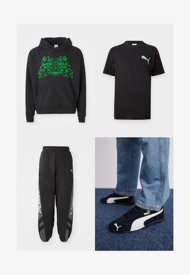 Zwarte hoodie met een groene grafische afbeelding van gestileerde katten en een lachende mond; bevat een voorste kangoeroe-pocket en ribgebreide boorden.; Zwart T-shirt met korte mouwen en een klein lichtblauw Puma-logo op de linkerborst tegen een witte achtergrond.; Zwarte joggers van zacht materiaal. Kenmerken zijn een elastische tailleband, taps toelopende pijpen, grijze accenten en witte logo's op de zijkanten.; Zwarte suède sneakers met witte accenten, voorzien van een gouden logo. Gemaakt met lichtblauwe spijkerbroek en geplaatst op een textuur blauwe ondergrond.