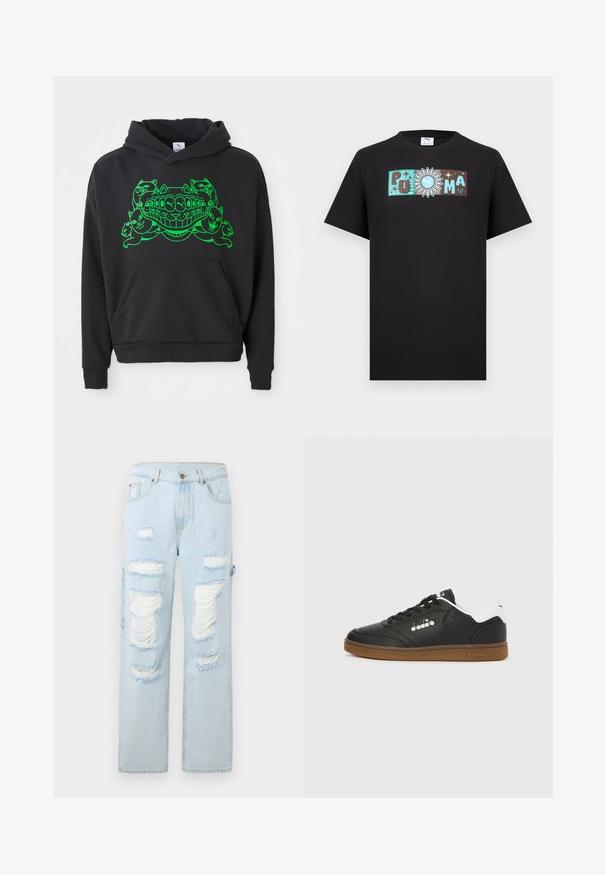 Schwarzer Hoodie mit grünem Grafikdesign, das stilisierte Katzen und einen lächelnden Mund zeigt; enthält eine Front-Kängurutasche und gerippte Bündchen.; Schwarzes T-Shirt mit kurzen Ärmeln und einem horizontalen Logodesign, das die Buchstaben "PUMA" und eine Sonne mit dem Puma-Symbol in der Mitte zeigt.; Hellblaue Jeans aus Denim mit mehreren großen, ausgefransten Löchern und fransigen Kanten an den Oberschenkeln und Knien, im geraden Schnitt.; Schwarzer Ledersneaker mit weißem Fersenlasche, Gummisohle, schwarzen Schnürsenkeln und silbernem Diadora-Logo an der Seite und Sohle.