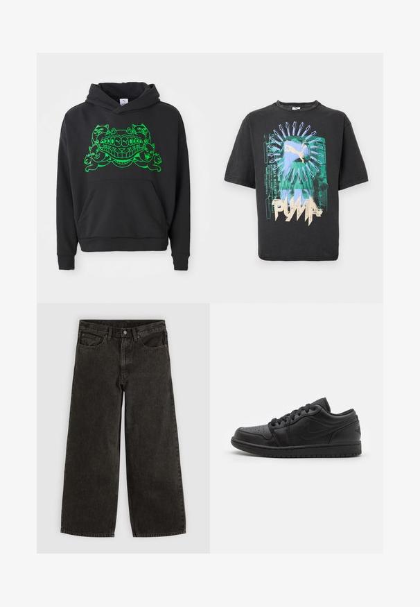 Schwarzer Hoodie mit grünem Grafikdesign, das stilisierte Katzen und einen lächelnden Mund zeigt; enthält eine Front-Kängurutasche und gerippte Bündchen.; Schwarzes Puma-T-Shirt mit abstraktem grün-blauem Grafikdruck, beigem Puma-Logo und stilisiertem Text auf der Vorderseite.; Schwarze Jeans mit weitem Bein, Vorderknopf und Reißverschluss, Gürtelschlaufen und fünf Taschen, flach auf weißem Hintergrund ausgelegt.; Schwarze Leder-Sneaker mit niedriger Schuhform, durchlöchtem Zehenbereich, flachen Schnürsenkeln, gepolstertem Kragen und strukturiertem Außensohlen. Mit einem dezenten Logo auf der Ferse.
