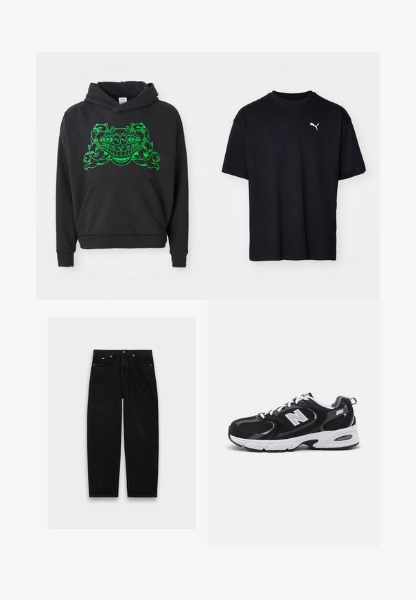 Schwarzer Hoodie mit grünem Grafikdesign, das stilisierte Katzen und einen lächelnden Mund zeigt; enthält eine Front-Kängurutasche und gerippte Bündchen.; Schwarzes Baumwoll-T-Shirt mit kurzen Ärmeln, Rundhalsausschnitt und einem weißen Puma-Logo auf der linken oberen Brustseite. Klassische Passform, glatte Textur.; Schwarze Jeans mit hoher Taille und geradem Bein, fünf Taschen, Knopfverschluss und Gürtelschlaufen vor weißem Hintergrund.; Schwarze und graue Sportschuhe mit Obermaterial aus Mesh und Wildleder, ausgestattet mit einer weißen Zwischensohle, Schnürsenkeln und einem markanten "N"-Logo an der Seite.