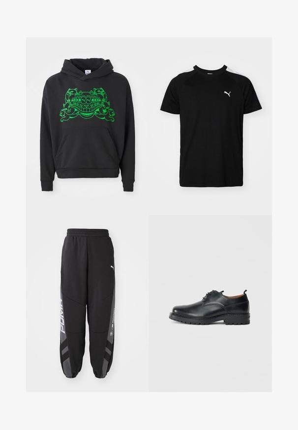 Sort hoodie med et grønt grafikdesign, der har styliserede katte og en smilende mund; inkluderer en front kangaroo-lomme og ribbede manchetter.; Sort kortærmet t-shirt med hvide accentstriber på skuldrene, rund halsudskæring og lille hvidt logo på venstre bryst. Blødt stof, klassisk pasform.; Sorte joggebukser lavet af blødt materiale. Har elastisk talje, tapered ben, grå detaljer og hvide logoer på siderne.; Sorte læder derby-sko med en glat overflade, rund tå, snøre-design og en tyk, robust gummisål.