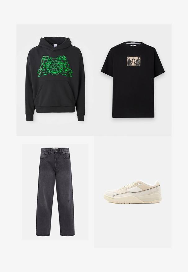 Zwarte hoodie met een groene grafische afbeelding van gestileerde katten en een lachende mond; bevat een voorste kangoeroe-pocket en ribgebreide boorden.; Zwarte T-shirt met korte mouwen en een beige rechthoekige afbeelding op de borst, met daarop drie personen die zittend en staand casual kleding dragen.; Zwarte rechte spijkerbroek met knoopsluiting, riemlussen en vijfzakkenmodel.; Lage sneaker in crèmekleur met beige accenten, veterluiting, gevoerde kraag en een gestructureerde zool op een effen lichte achtergrond.